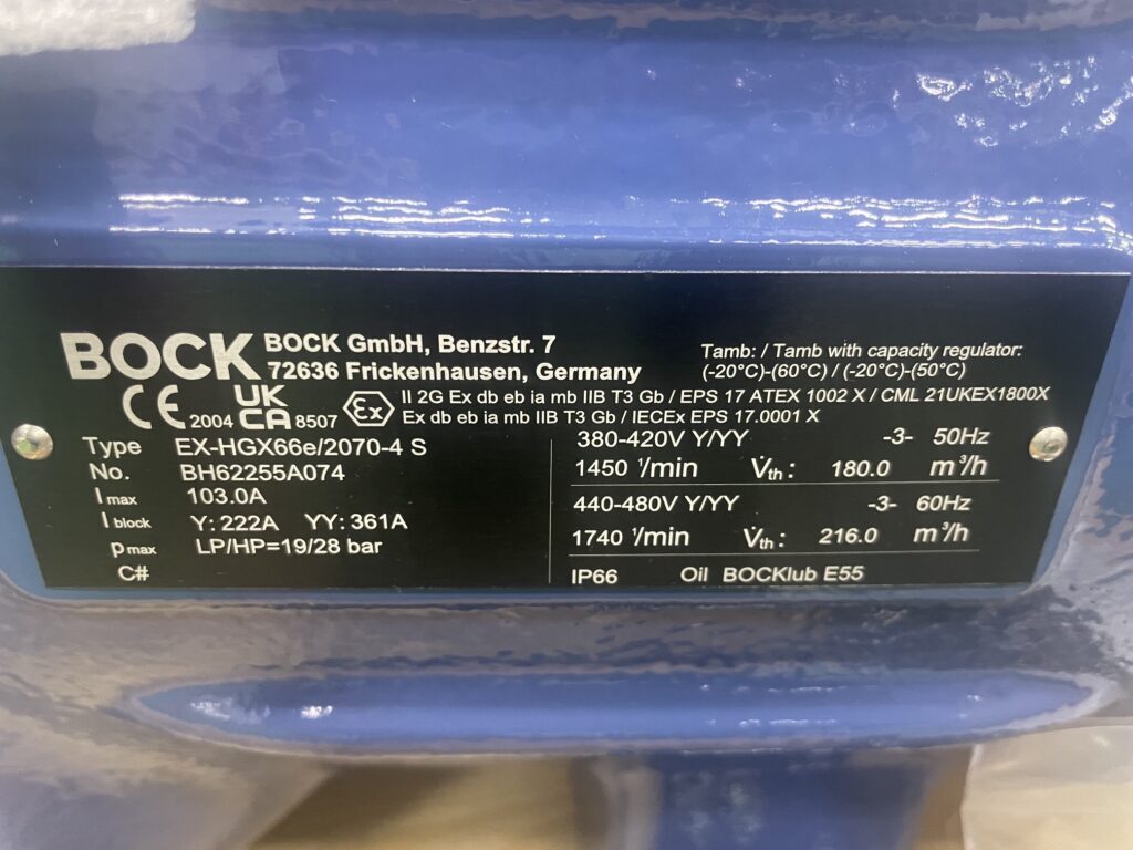 Nameplate of an actual Zone 1 Bock ATEX compressor